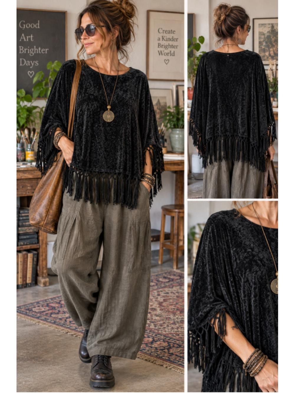 Vintage 24 Karat Black Velvet Poncho Fringe Boho Whimsigoth Free Size
